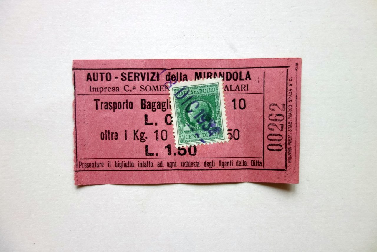 Biglietto Auto Servizi della Mirandola Modena Trasporto Bagagli 18/12/1934