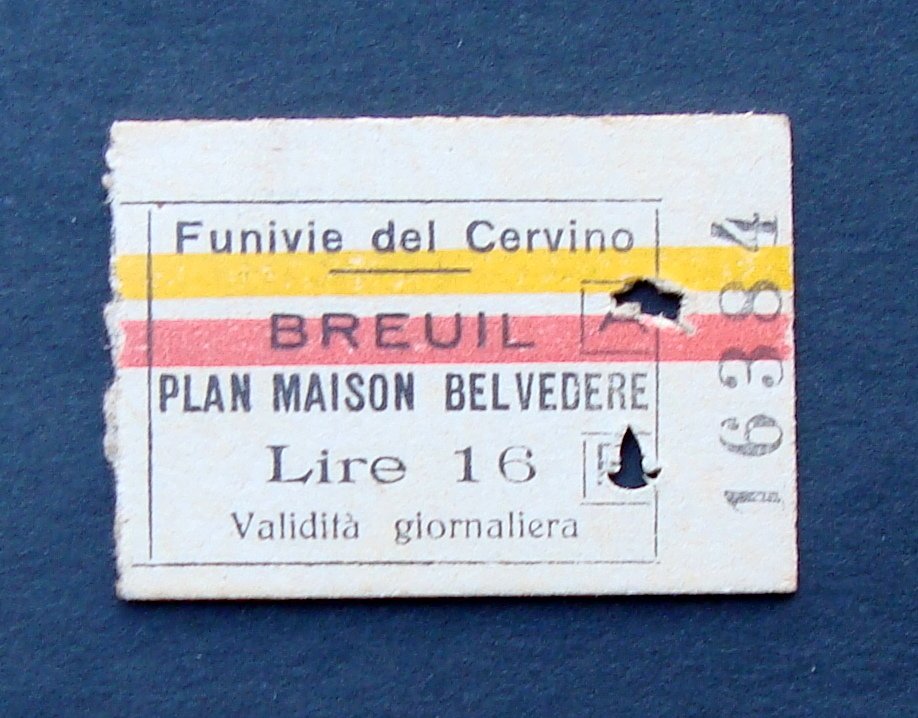 Biglietto Funivie del Cervino Breuil Plan Maison Belvedere Trasporti