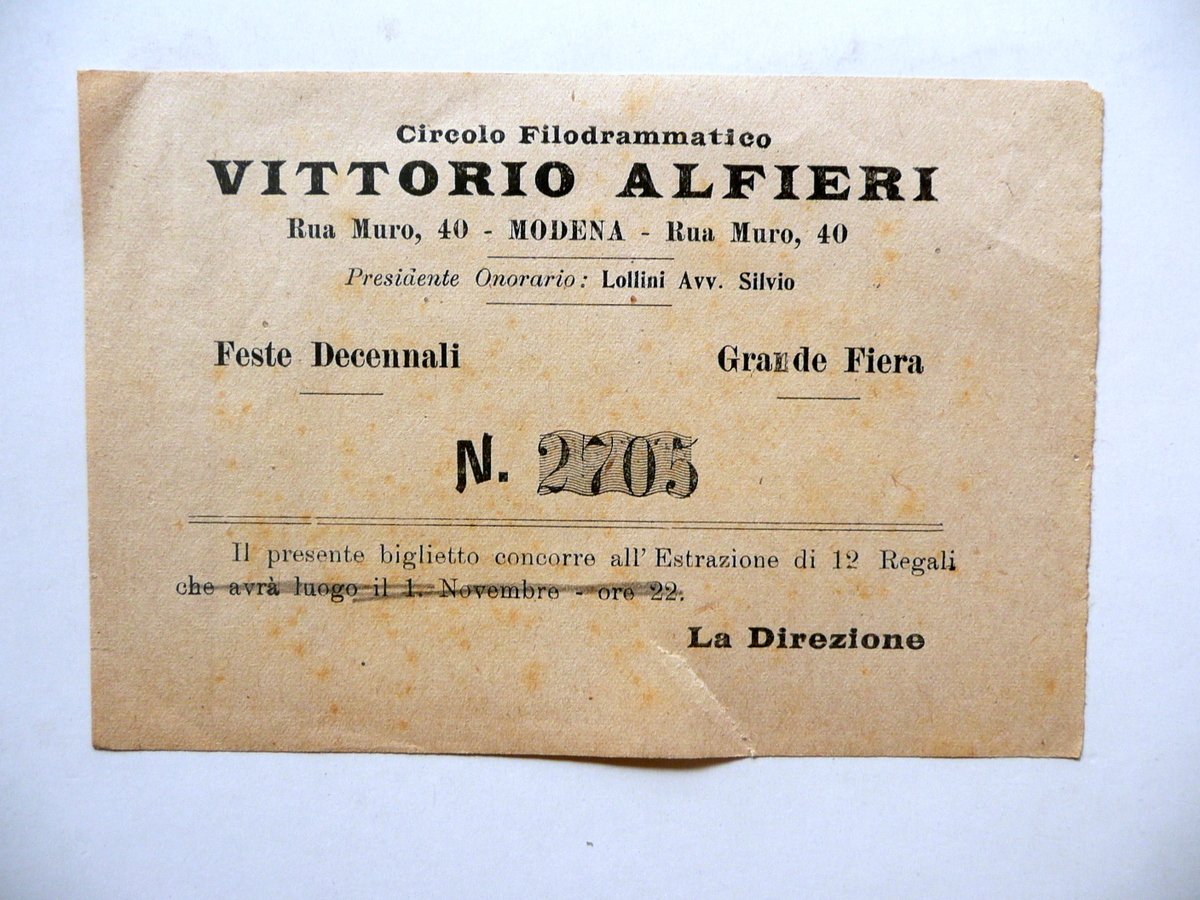 Biglietto Lotteria Circolo Filodrammatico Vittorio Alfieri Modena Anni '20