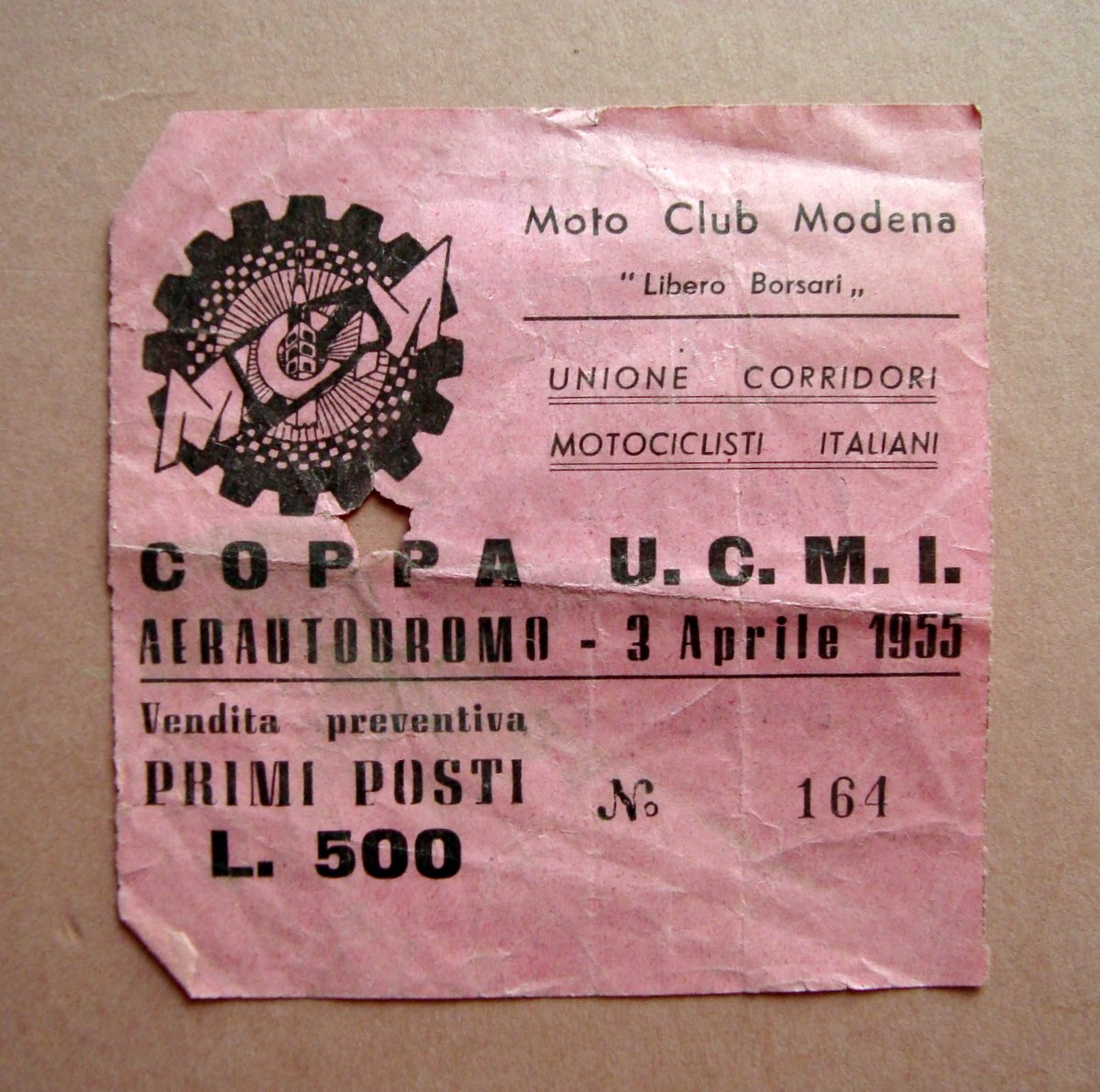 Biglietto Moto Club Borsari Modena Autodromo 1955 Coppa U.C.M.I Primi …