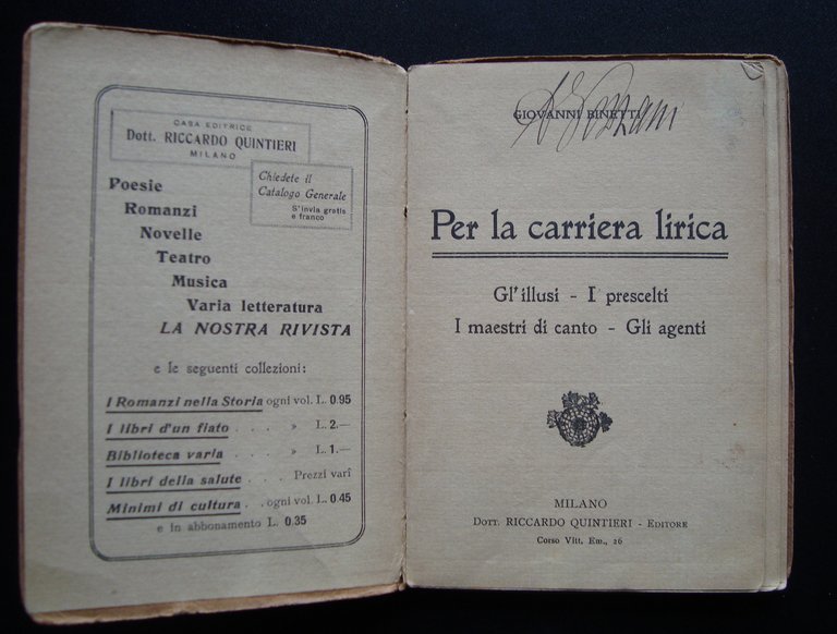 Binetti Giovanni Per la Carriera Lirica 1915 Quintieri Editore Milano …