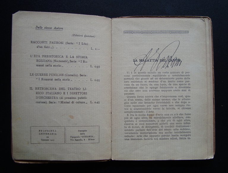 Binetti Giovanni Per la Carriera Lirica 1915 Quintieri Editore Milano …