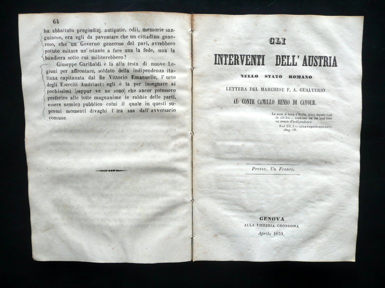 Biografia Garibaldi Carletti Firenze 1859 Interventi Austria Gualterio Raro