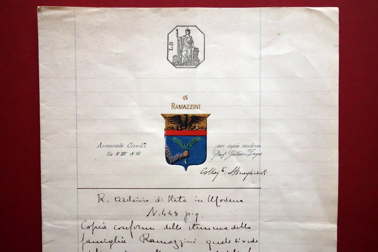 Blasone Stemma Araldico Famiglia Ramazzini Modena Copia Conforme 1936 Araldica