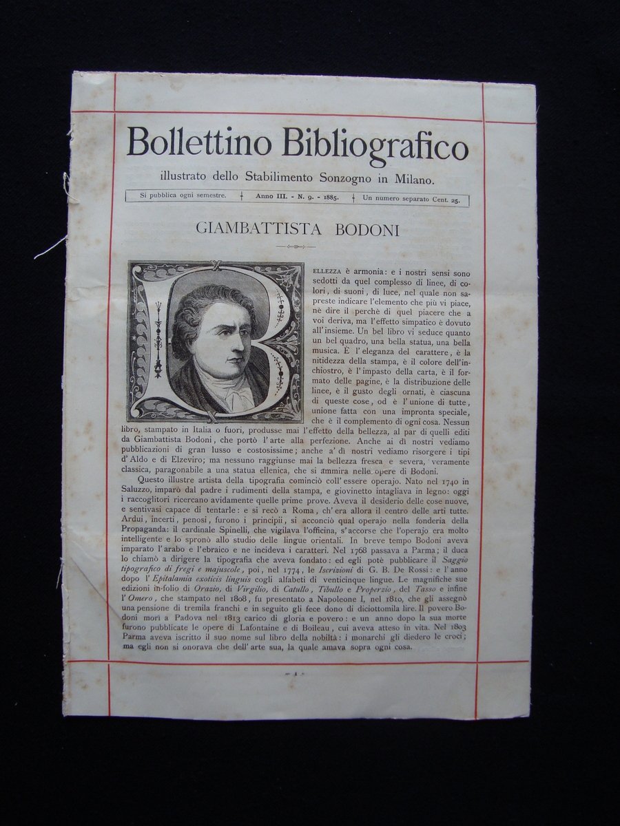 Bollettino bibliografico Sonzogno Milano Anno III N 9 1885 Giambattista …