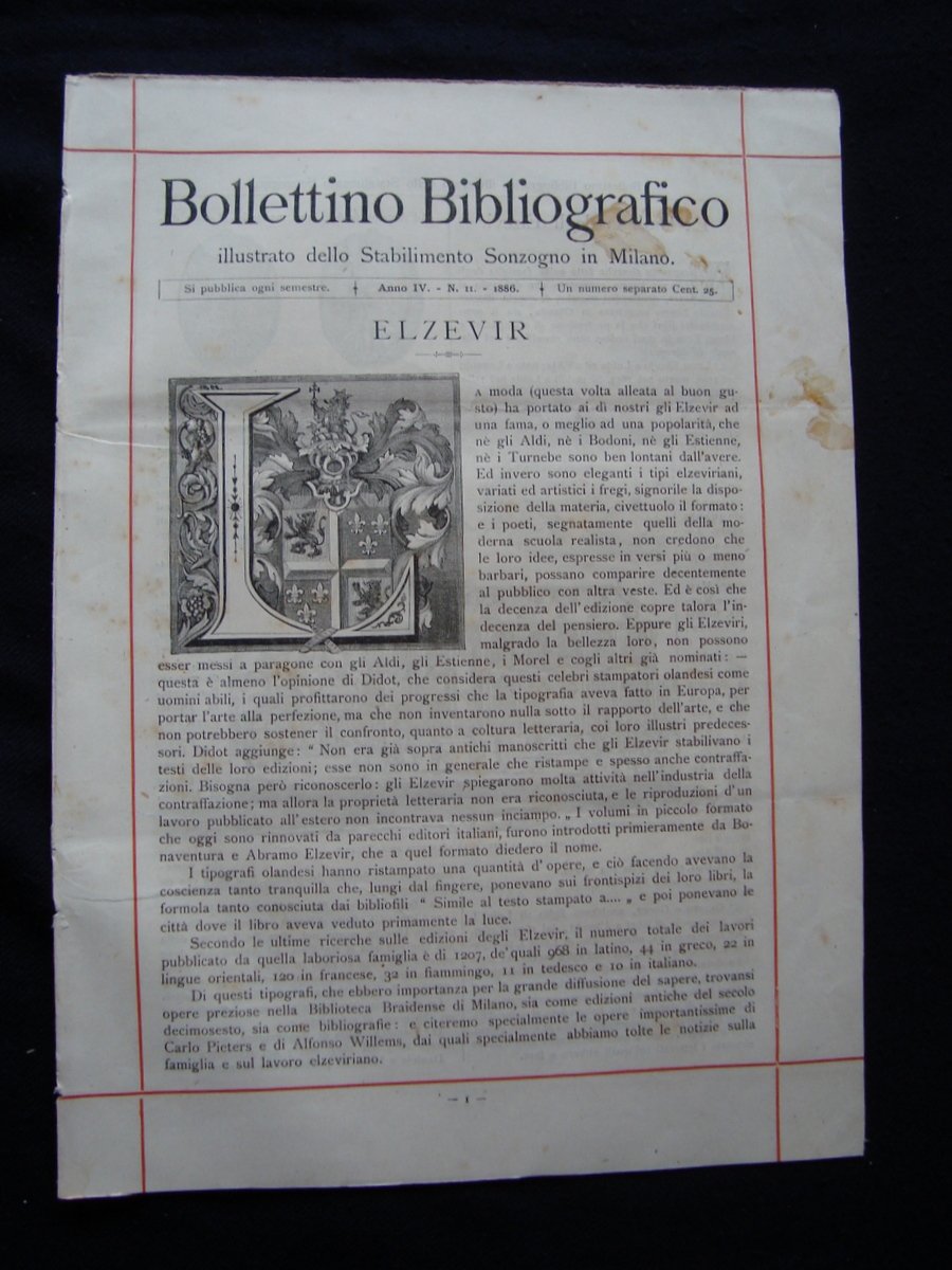 Bollettino bibliografico Sonzogno Milano Anno IV N 11 1886 Elzevir