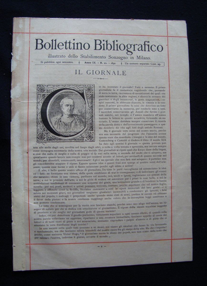 Bollettino bibliografico Sonzogno Milano Anno IX N 20 1891 Il …