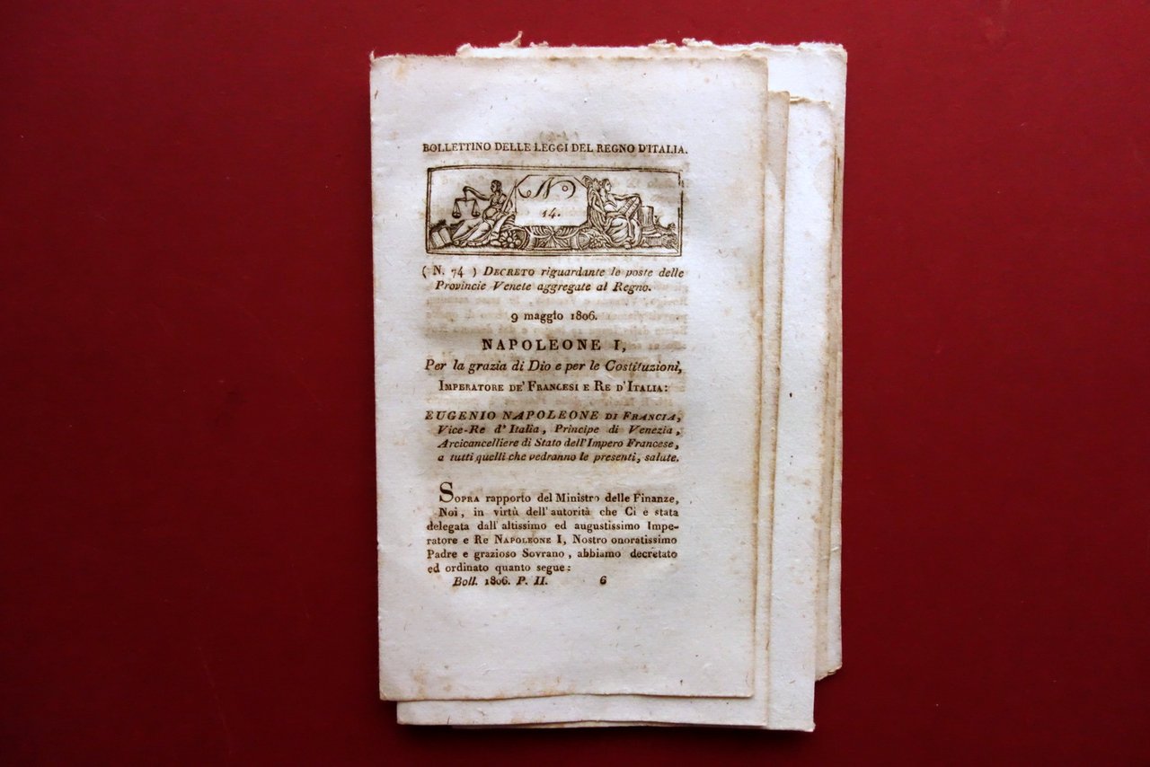 Bollettino Regno d'Italia Decreto Poste delle Provincie Venete Tariffe 1806