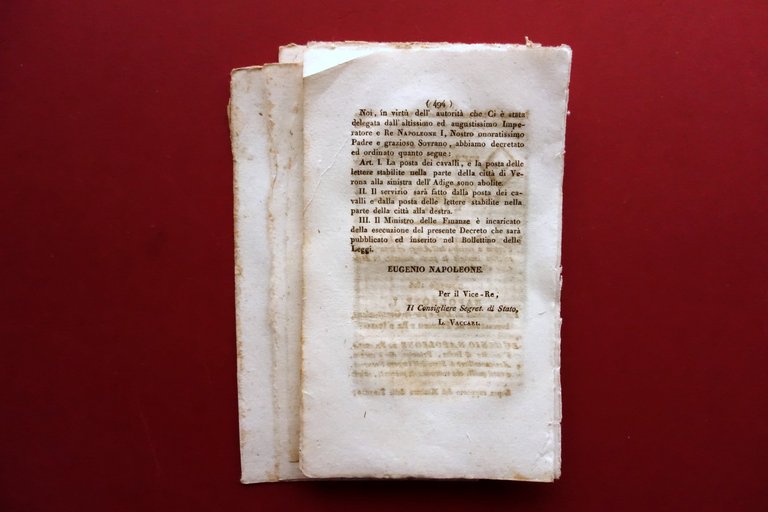 Bollettino Regno d'Italia Decreto Poste delle Provincie Venete Tariffe 1806