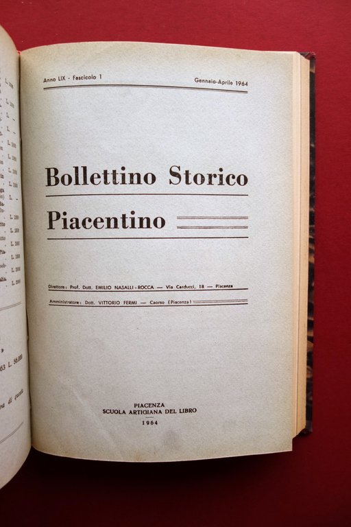 Bollettino Storico Piacentino Anni 1962-1963-1964 Tre Annate Complete