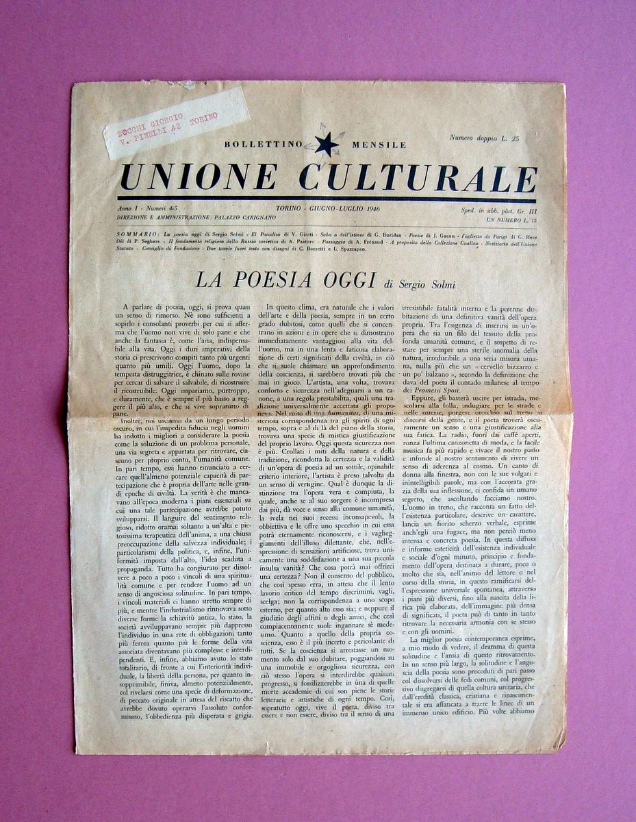 Bollettino Unione Culturale Anno I n 4-5 giugno-luglio 1946 Completo …