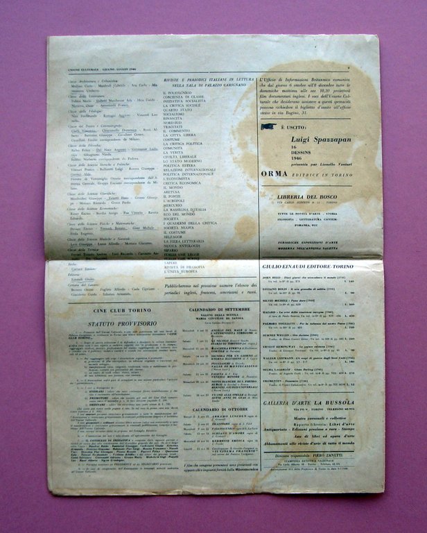 Bollettino Unione Culturale Anno I n 4-5 giugno-luglio 1946 Completo …