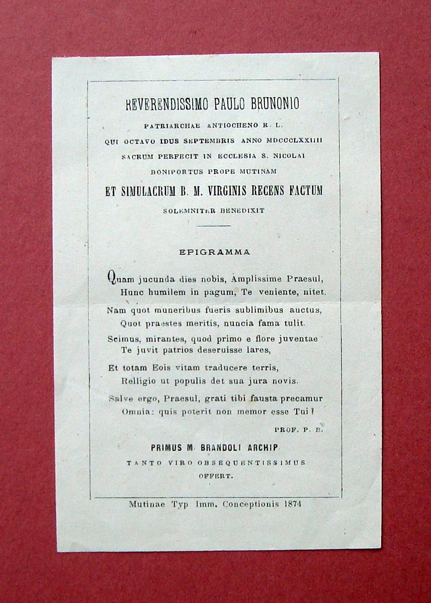 Bomporto Lode Epigramma 1874 P.Brunonio Ecclesia S.Nicolai Boniportus Modena