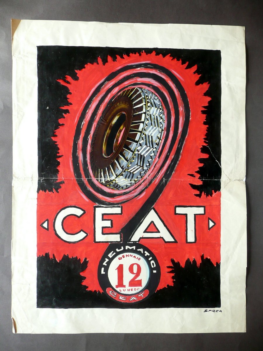 Bozzetto Manifesto Pubblicitario Pneumatici CEAT Tempera Firma Sprea Anni '50