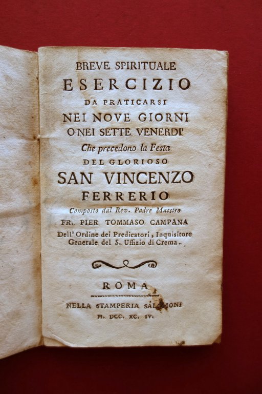 Breve Esercizio Spirituale Festa di San Vincenzo Ferrerio Roma 1794 …