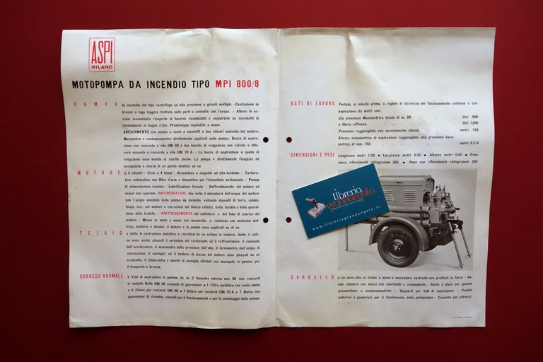 Brossura Pubblicitaria ASPI Milano Motopompa da Incendio MPI 800/8 Anni …