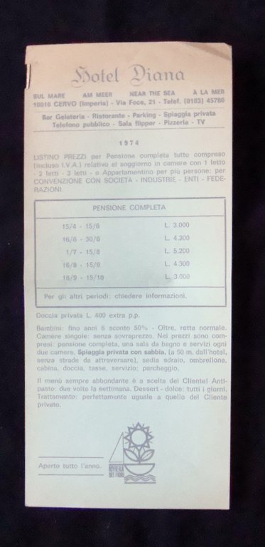 Brossura Turistica Hotel Diana Cervo Riviera dei Fiori anni 60 …