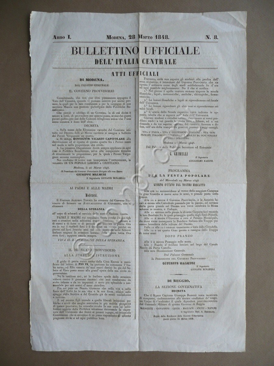 Bullettino Ufficiale dell'Italia Centrale Modena 28/3/1848 Liberazione Brescia | Immagine principale