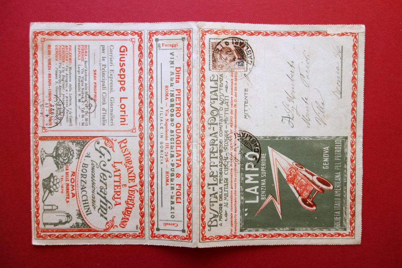 Busta Lettera Postale Pubblicitaria Benzina Lampo Francobollo Cent 40 1922 …