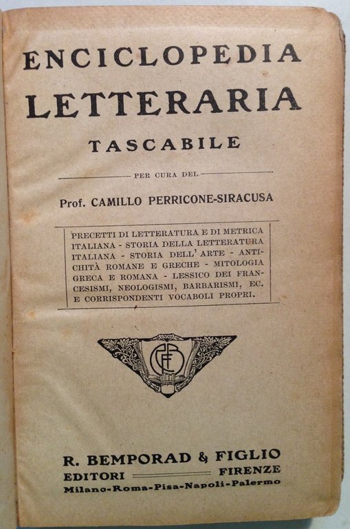 C. Perricone Siracusa Enciclopedia Letteraria Tascabile Bemporad Editori 1918