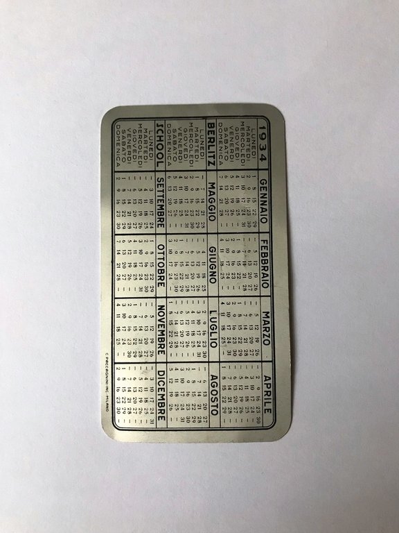 Calendarietto Barbiere Berlitz School Alluminio Paccagnini Milano 1934