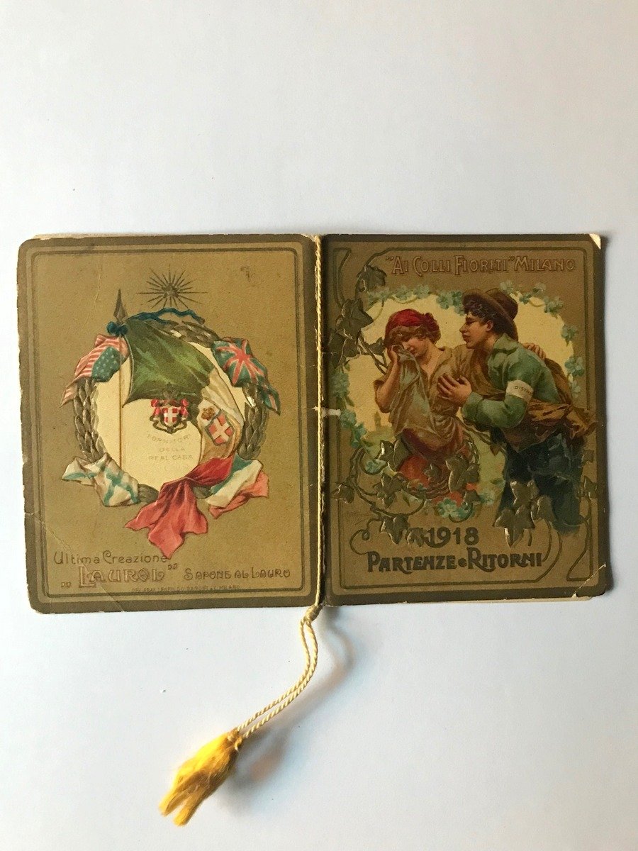 Calendarietto Barbiere \ Partenze e Ritorni 1918, Ai Colli Fioriti,Milano."