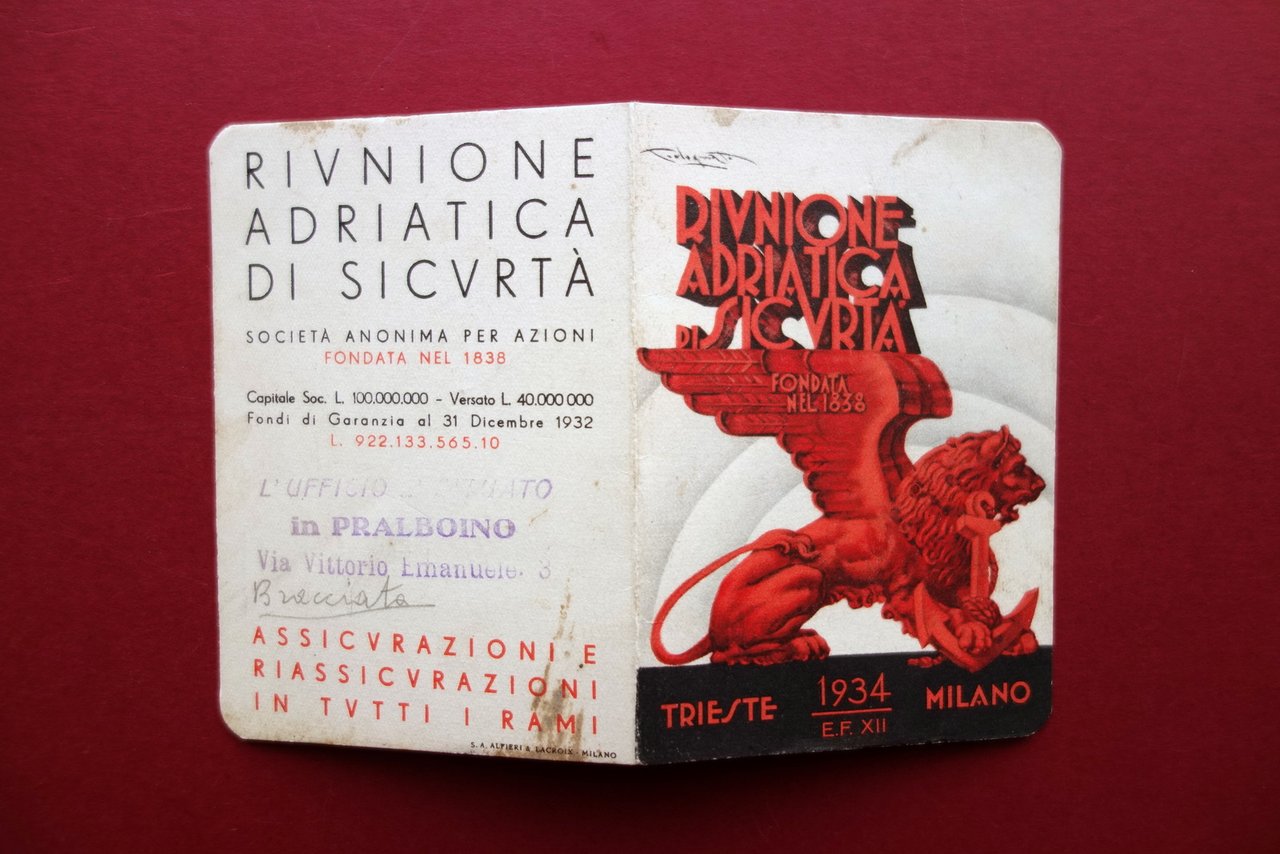 Calendarietto Riunione Adriatica di Sicurt‡ Assicurazioni 1934 Grafica Codognato