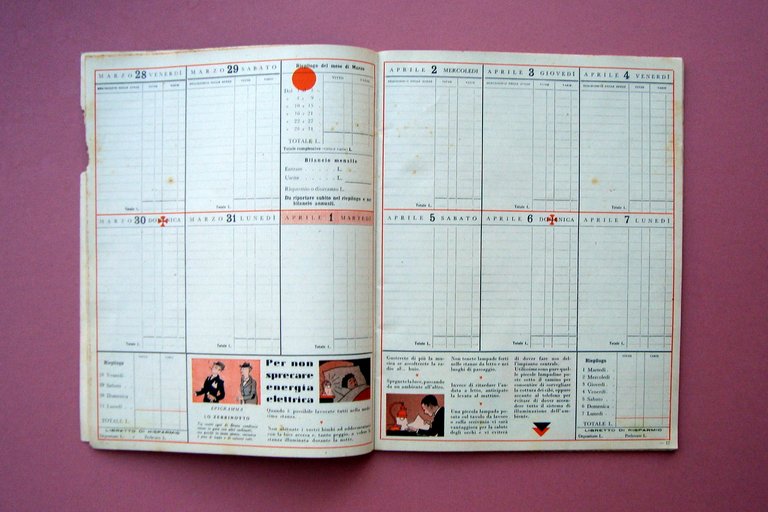 Calendario Controllo Giornaliero Spese Familiari 1941 Autarchia dis. Cervellati