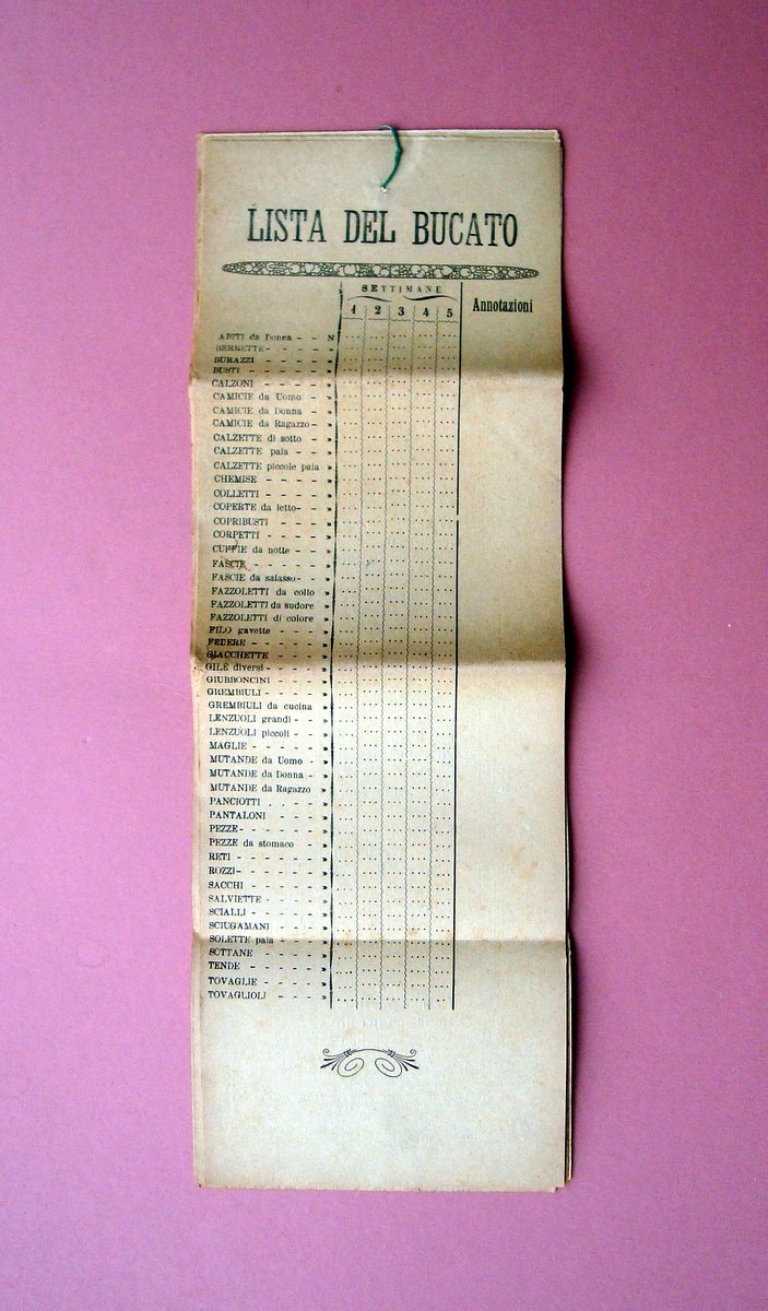 Calendario Lista del Bucato 1920