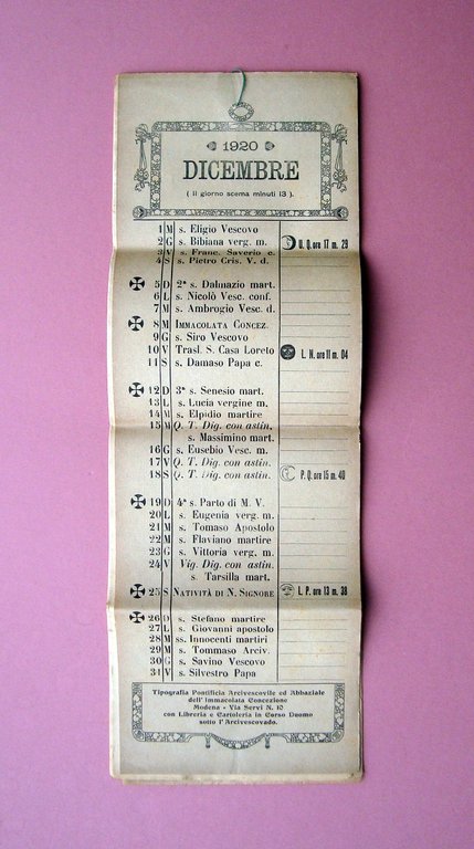 Calendario Lista del Bucato 1920