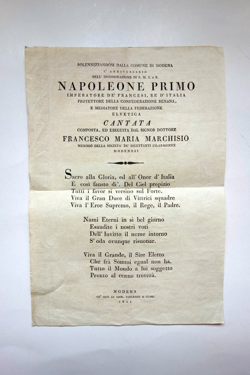 Cantata Anniversario Incoronazione Napoleone I∞ Marchisio Modena 1811 Vincenzi