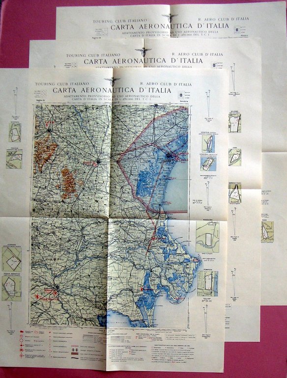 Carta Aeronautica Militare cartella con 6 cartine a colori ripiegate …