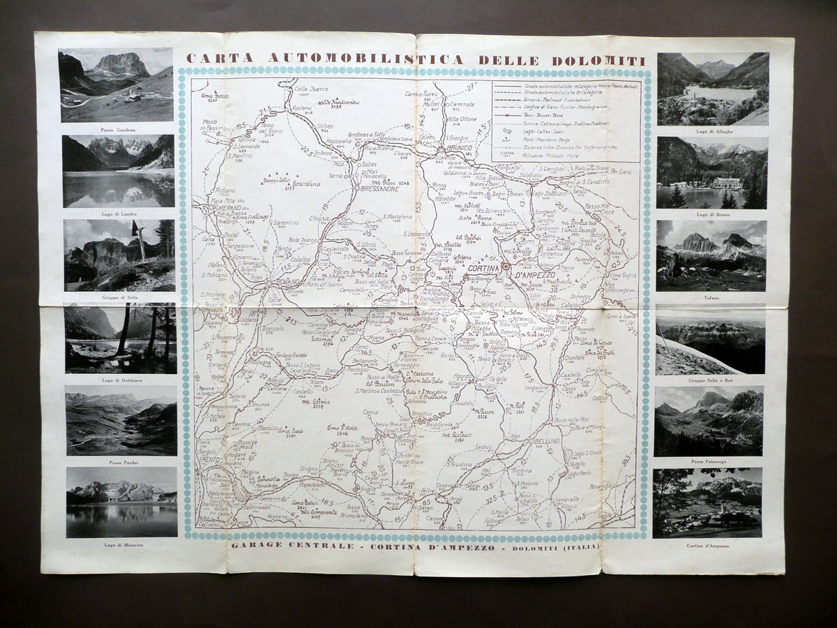 Carta Automobilistica delle Dolomiti Garage Centrale Cortina d'Ampezzo Anni '20