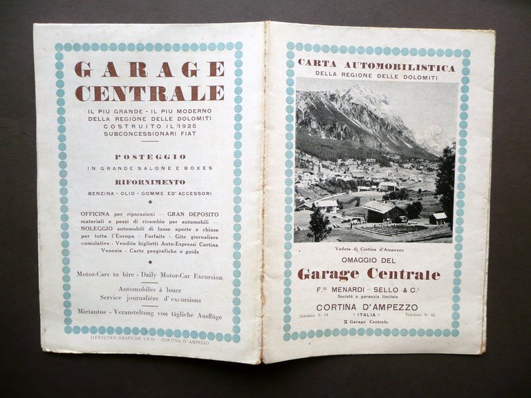 Carta Automobilistica delle Dolomiti Garage Centrale Cortina d'Ampezzo Anni '20