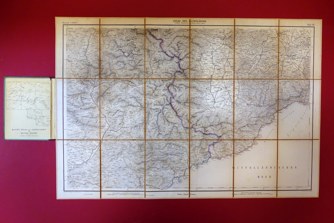 Carta Telata Mayr Atlas Alpenlander und Mittel-Italien Sardinien Nizza 1889