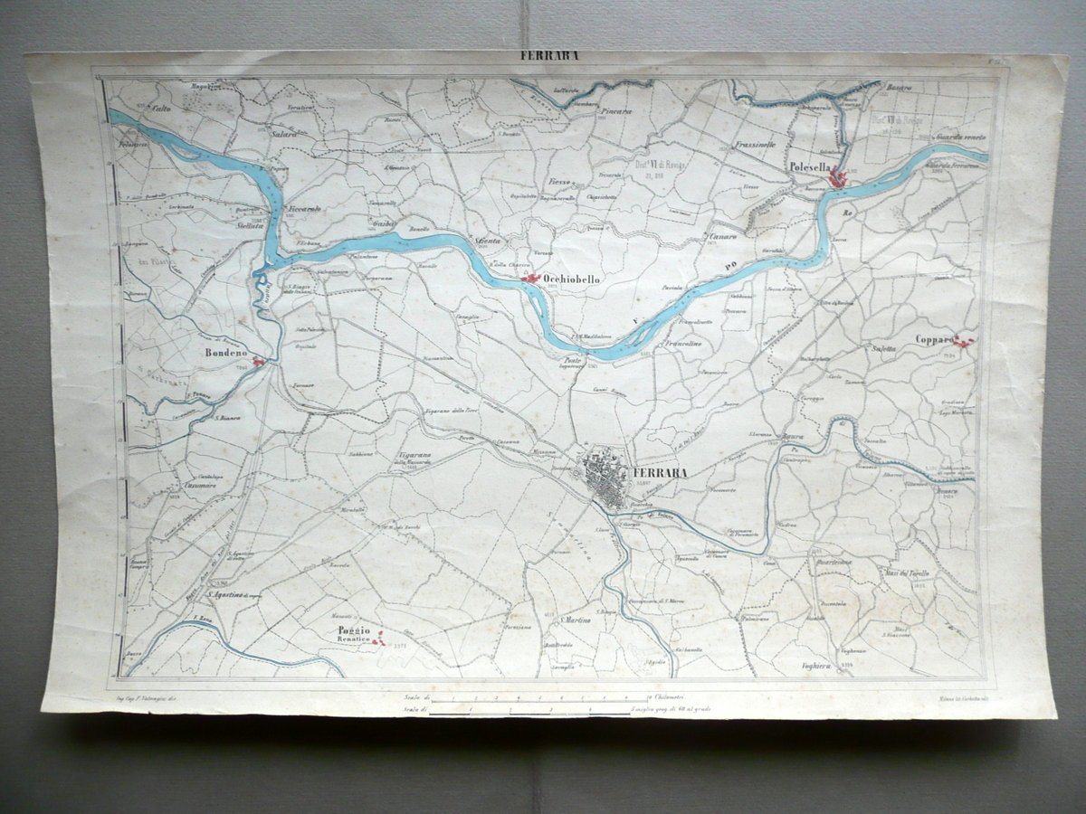 Carta Topografica Ferrara Occhiobello Bondeno Litografia Corbetta Milano 1870-80