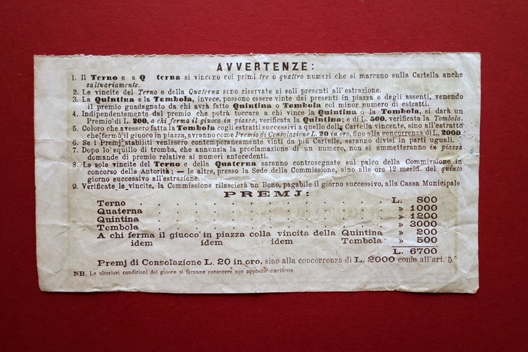 Cartella Tombola Una Lira Comizio Veterani 1848-49 Monumento 5 Giornate …