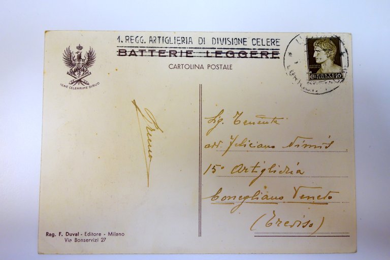 Cartolina 1° Reggimento Artiglieria Divisione Celere viaggiata