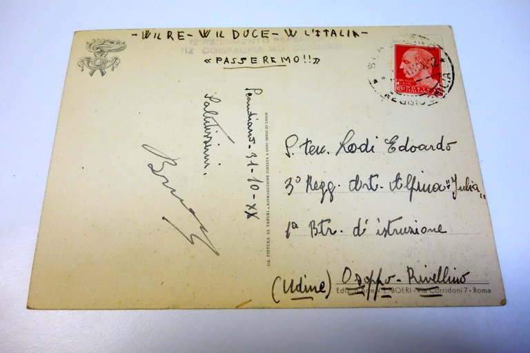 Cartolina 12 Reggimento Bersaglieri Compagnia Motociclisti viaggiata Tafuri 1942