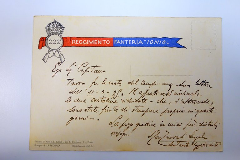Cartolina 222° Reggimento Fanteria "Ionio" viaggiata La Monaca