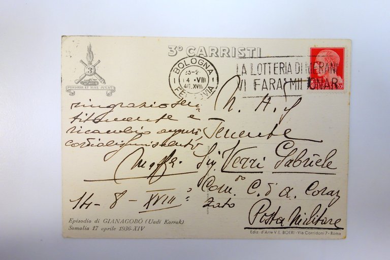 Cartolina 3° Carristi Gianagobò Somalia 1940 viaggiata