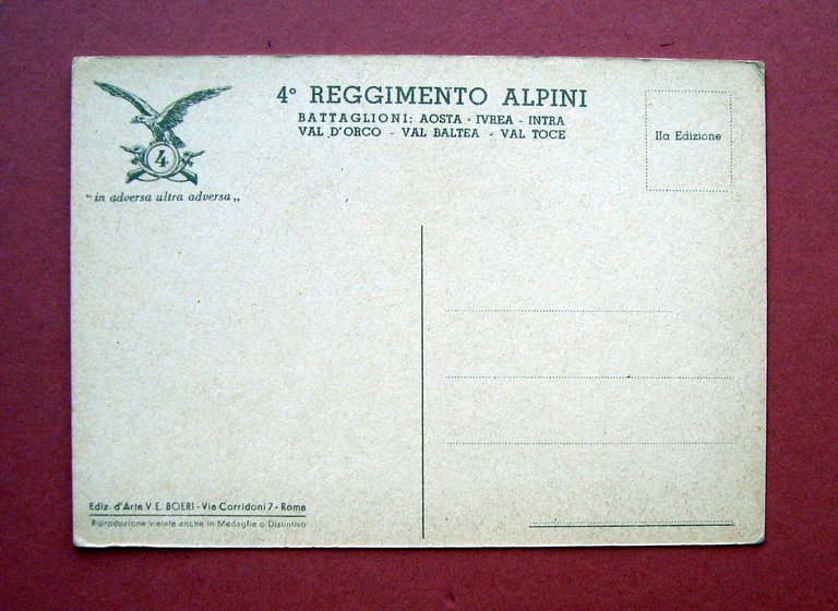 Cartolina 4∞ Reggimento Alpini Battaglione Aosta Ivrea Intra non vg …