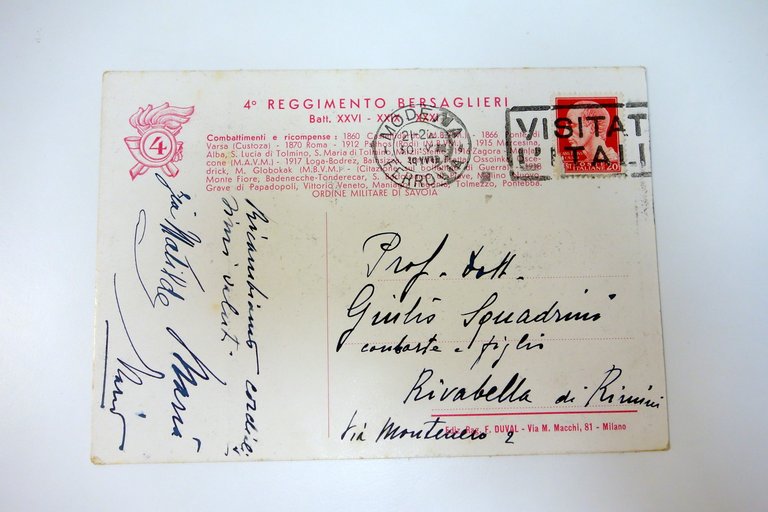 Cartolina 4° Reggimento Bersaglieri Battaglione XXVI-XXIX-XXXI 1939 viaggiata