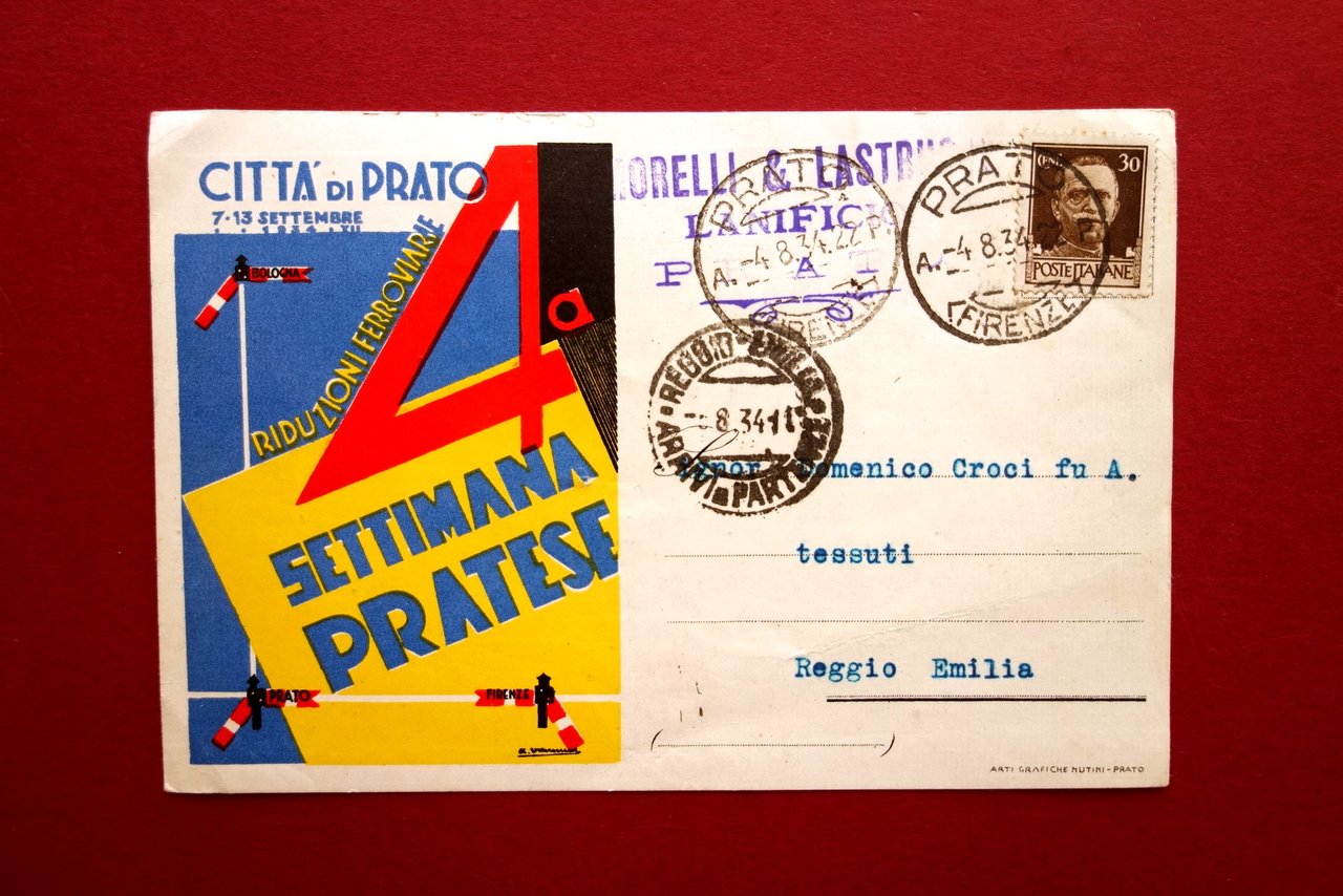 Cartolina 4∞ Settimana Pratese Prato 1934 Grafica Vannucci Originale Viaggiata | Immagine principale