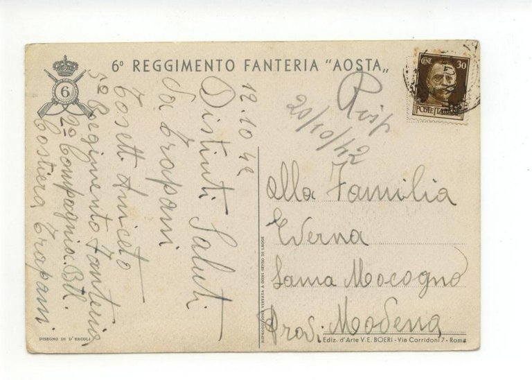 Cartolina 6∞ Reggimento Fanteria Aosta Sotto L'Impeto Sparve viaggiata bella