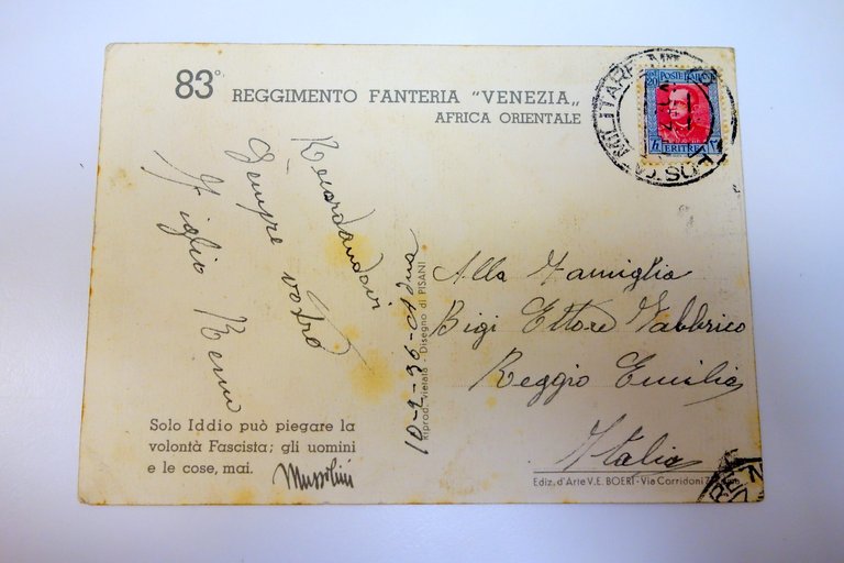 Cartolina 83° Reggimento Fanteria Venezia A.O. Adua viaggiata 1936 Pisani