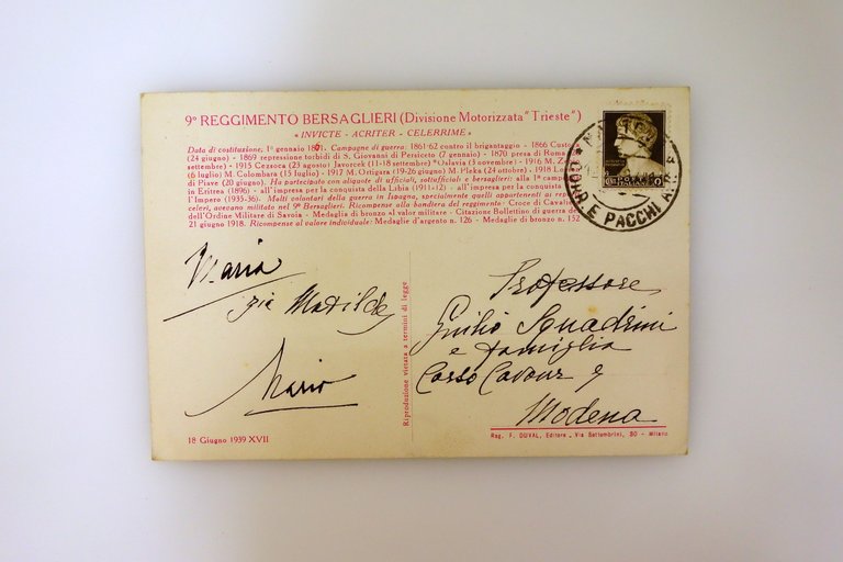 Cartolina 9° Reggimento Bersaglieri Divisione Trieste Boccasile Viaggiata 1939