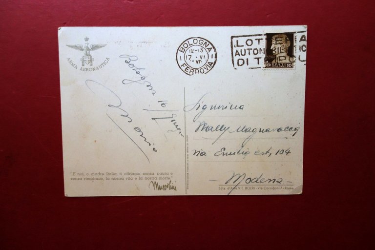 Cartolina a Colori Aeronautica Viaggiata 1941 Lotteria Tripoli Ventennio Grafica