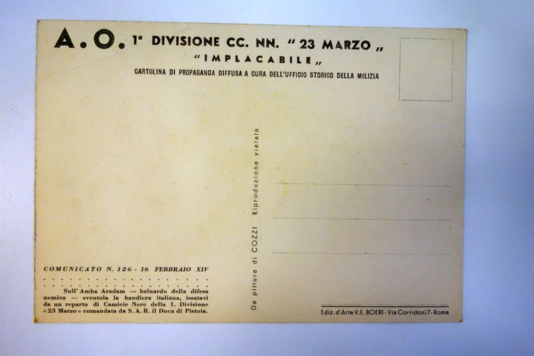 Cartolina A.O. I Divisione CC. NN. "23 marzo" "Implacabile" non …