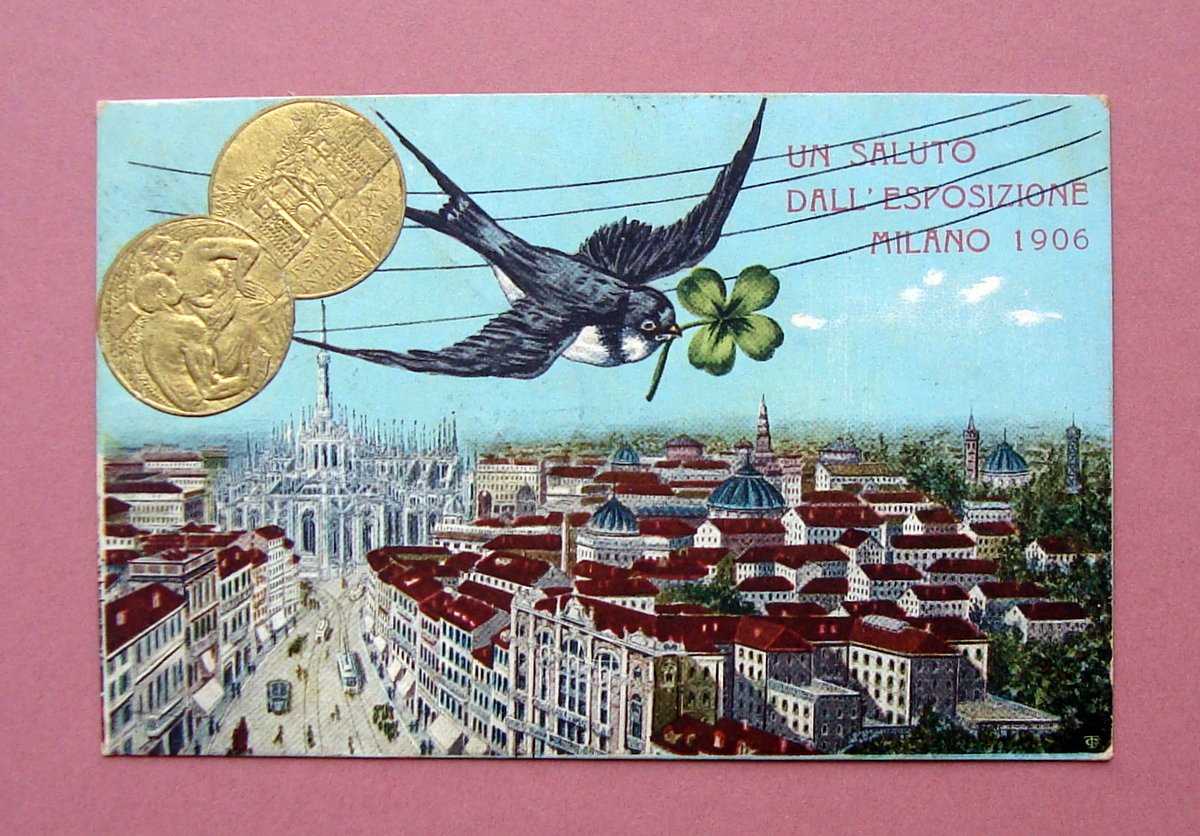Cartolina a rilievo Un Saluto dall'Esposizione Milano 1906 viaggiata